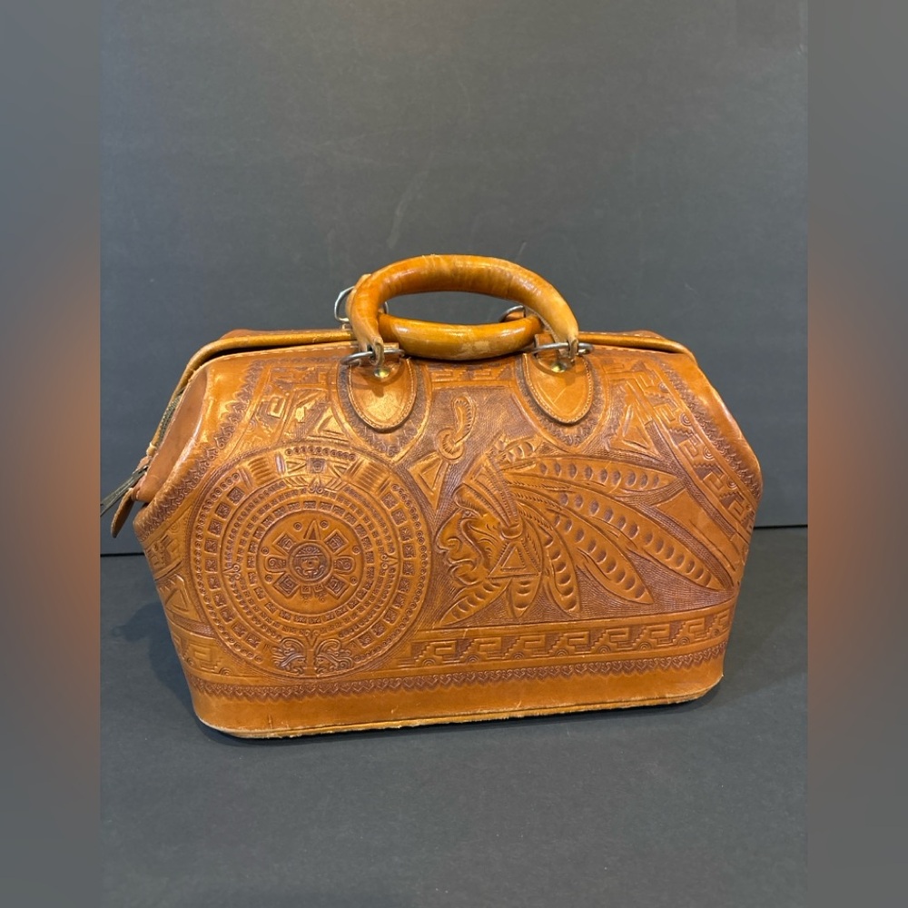 Vintage Hand-Tooled Leather Mexican Gladstone Bag - Aztec Calendar Sun Stone